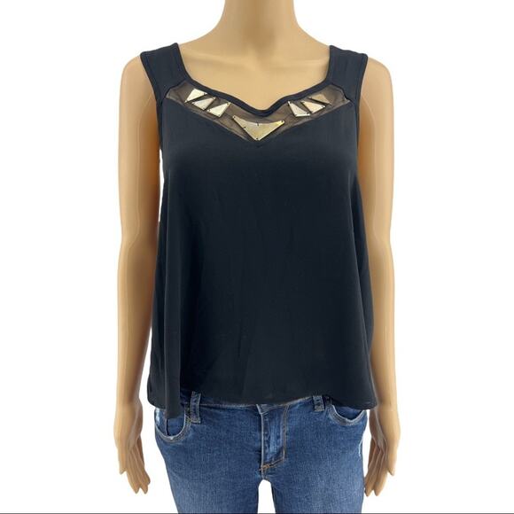 Lush MEDIUM Black Sheer Industrial Sleeveless Bronze Metal Statement Top Blouse - Picture 1 of 5